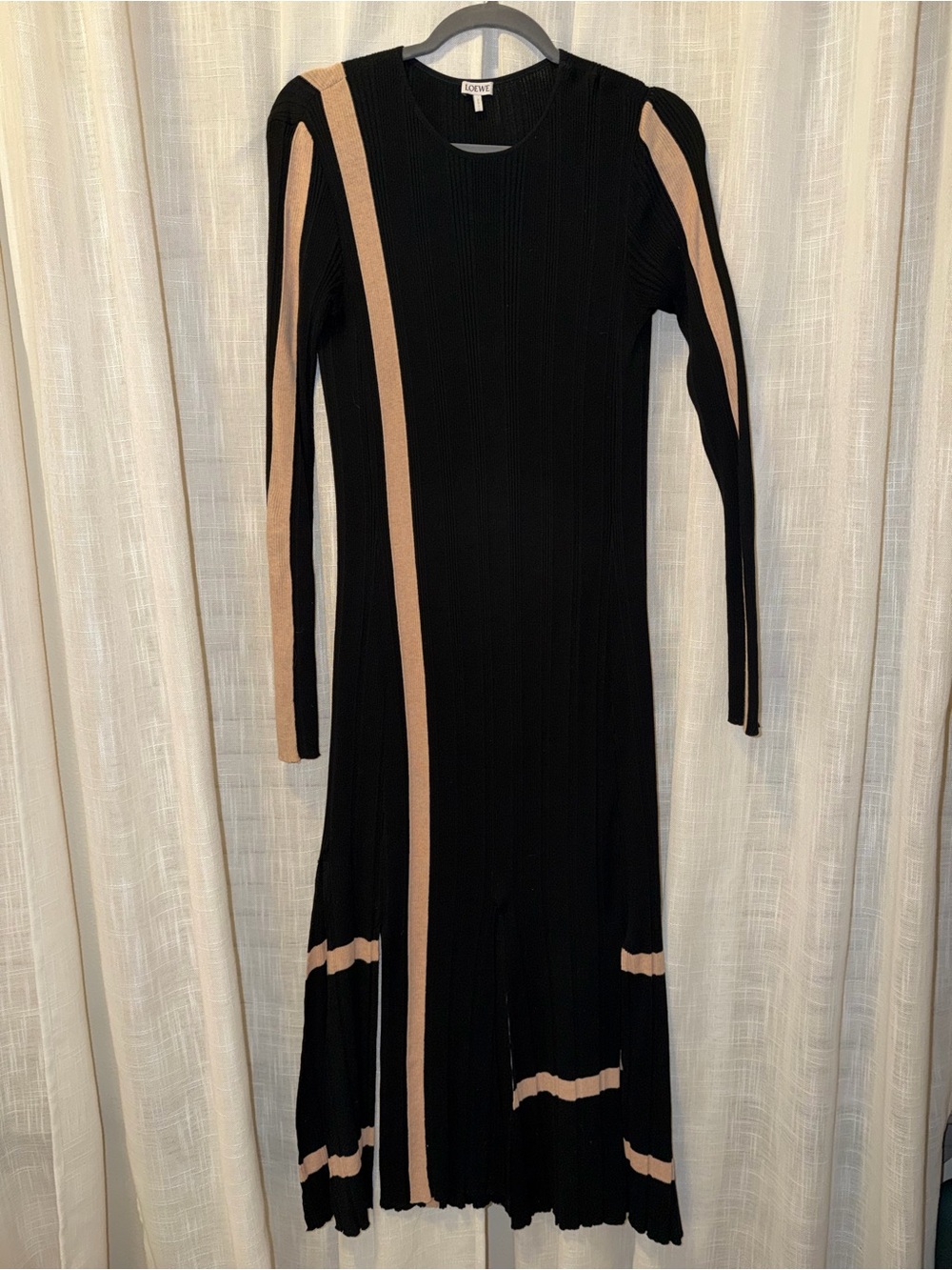 Loewe Black Long Sleeve Ribbed Dress with Beige Stripes